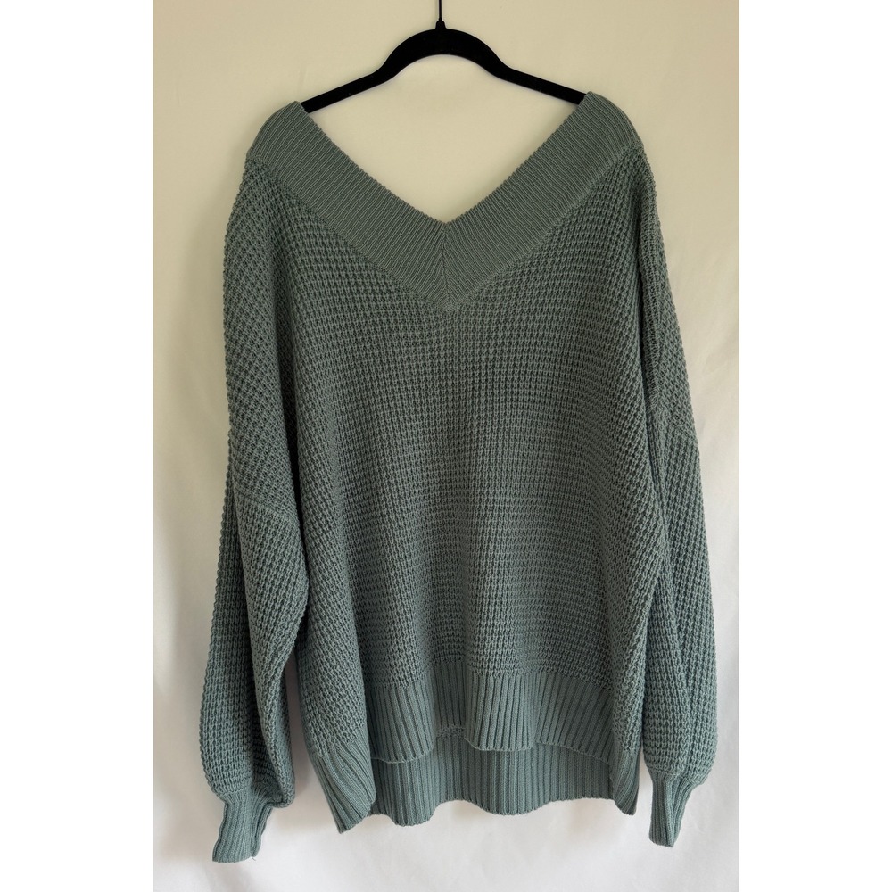 Zenana Womens 2X Sage Green Waffle Knit Oversized V-Neck Sweater TW-3418XBA - Picture 2 of 6